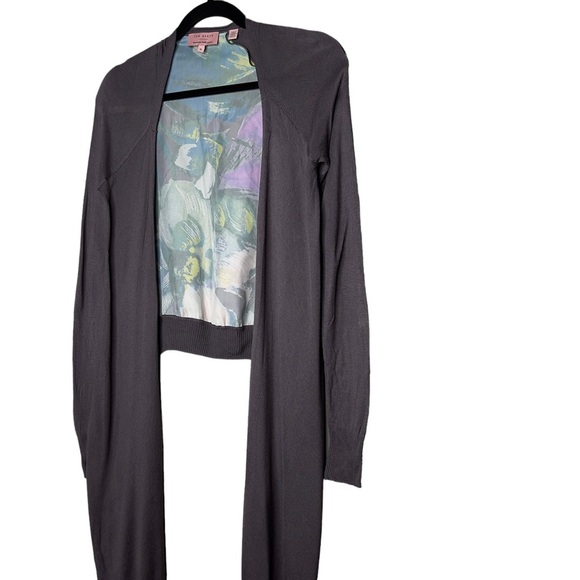 Ted Baker Floral Back Long Sleeve Taupe Brown Waterfall Open Cardigan Size 0 - Picture 3 of 7